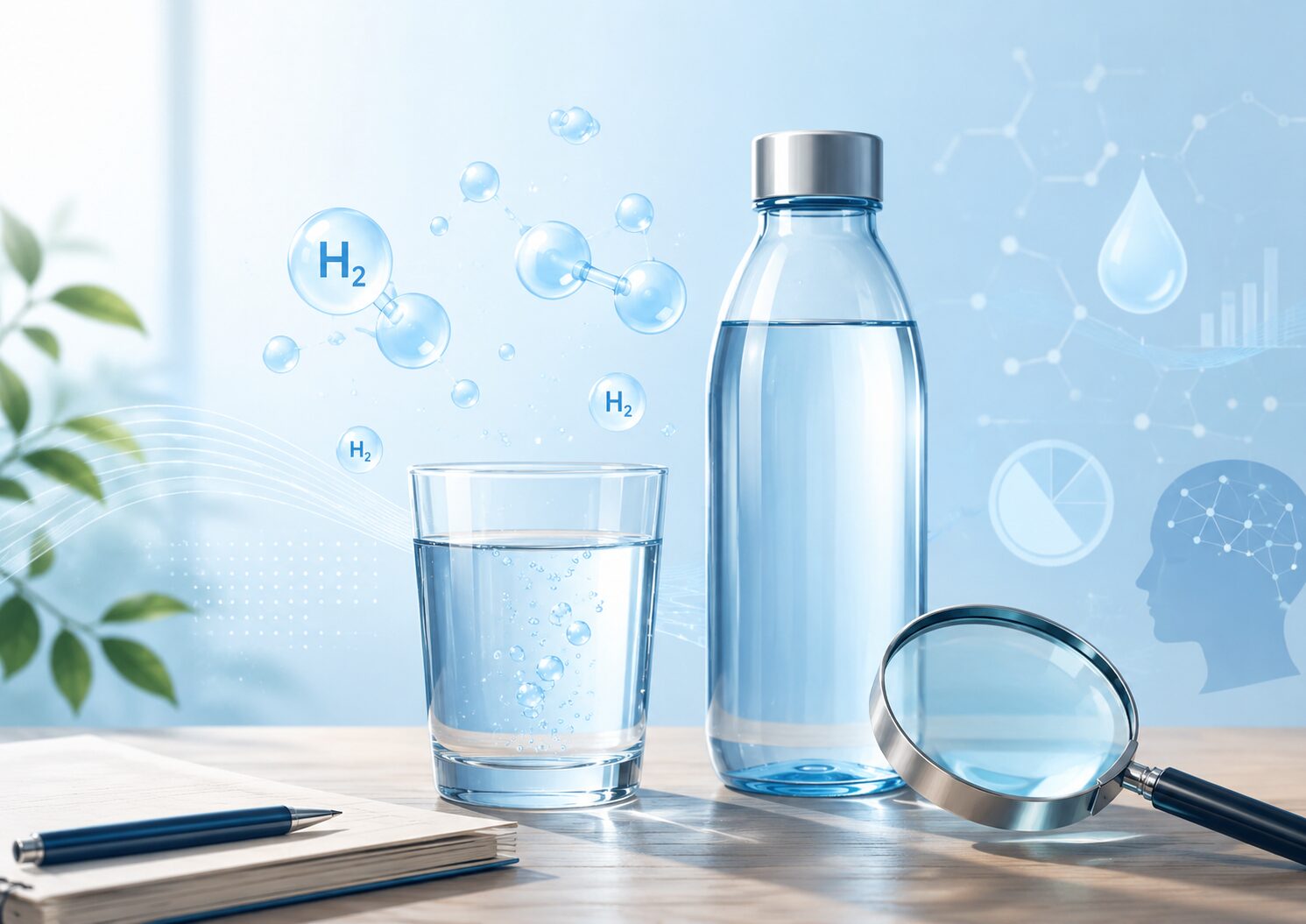 水素水のボトルとグラス、H2分子、虫眼鏡が並び、科学っぽい健康情報を確認する様子