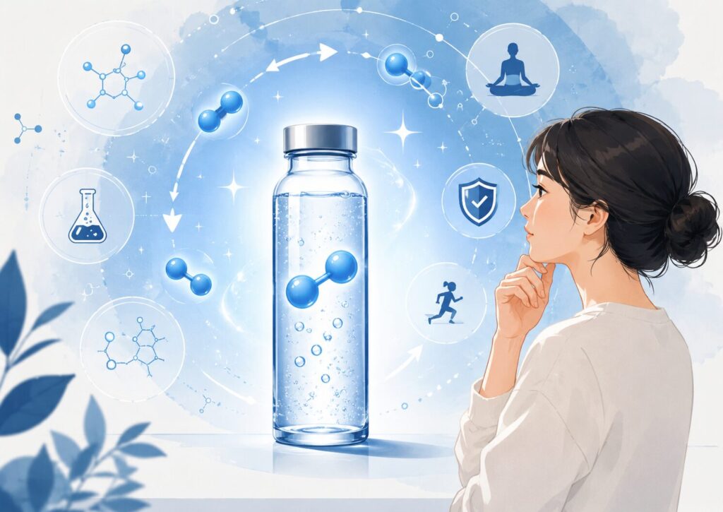 水素水のボトルを見ながら、健康や科学のイメージについて考える女性