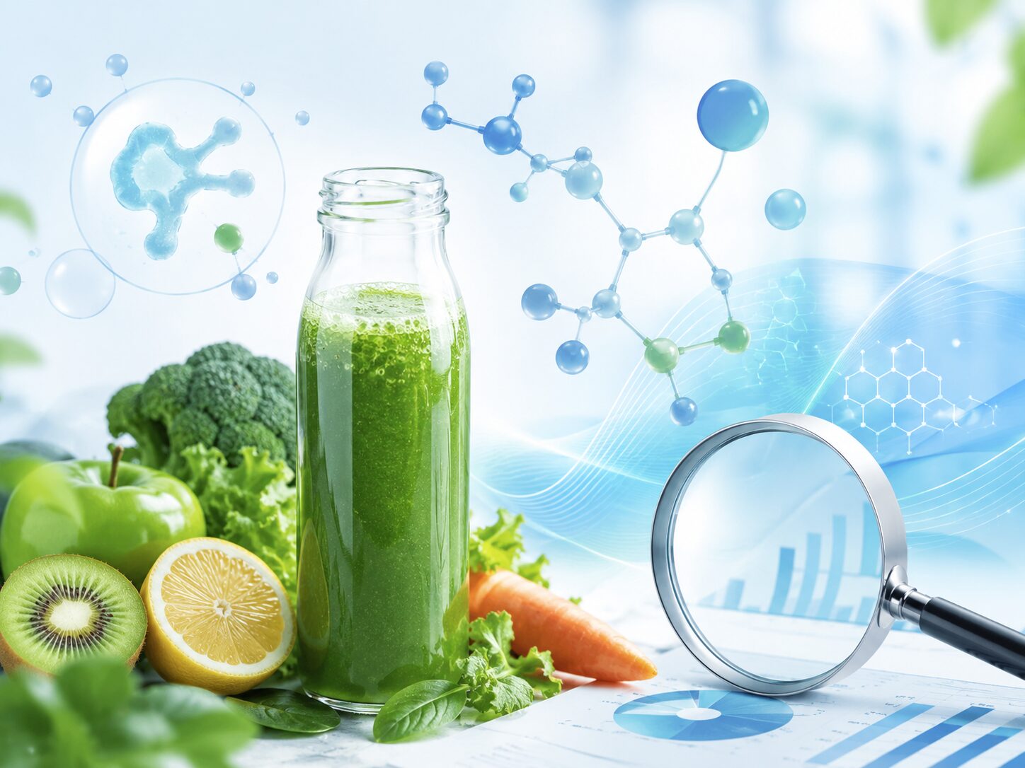酵素ドリンクと野菜や果物、分子モデル、虫眼鏡が並び、科学っぽい健康情報を確認する様子