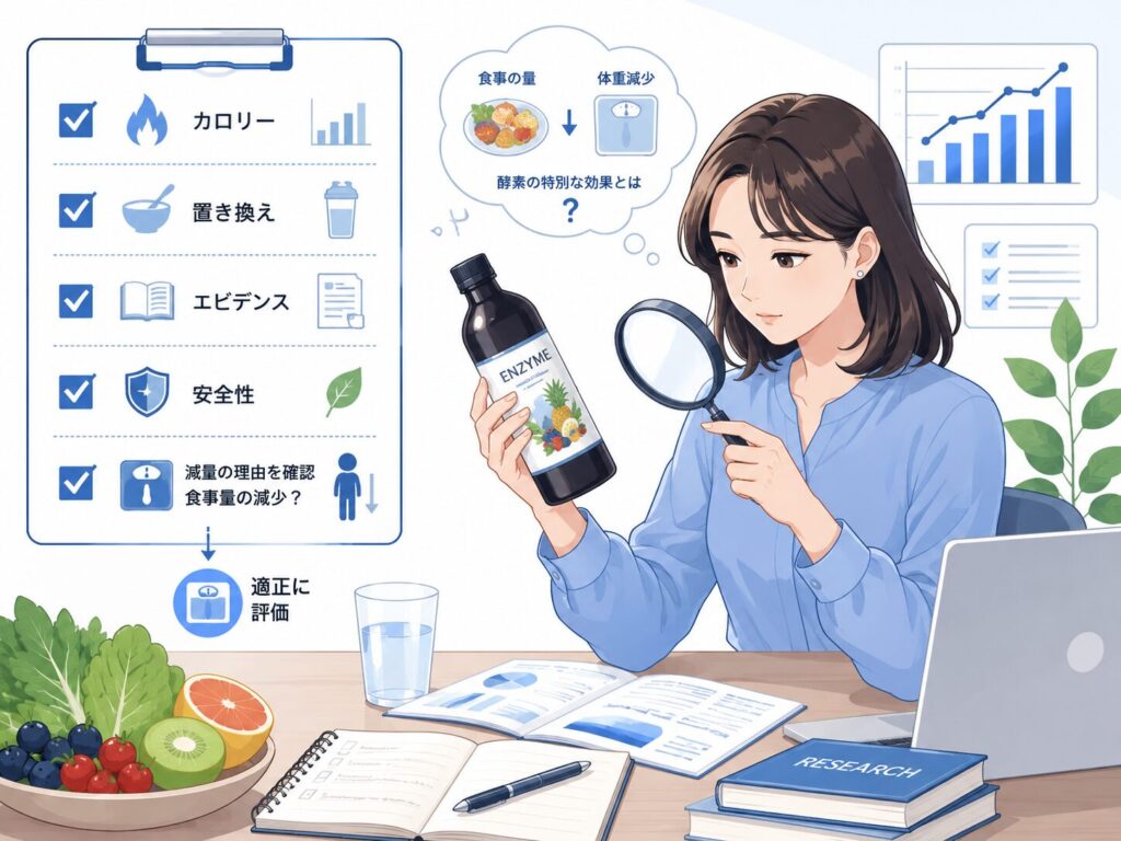 酵素ドリンクのカロリー、置き換え、エビデンス、安全性、減量理由をチェックリストで確認する女性