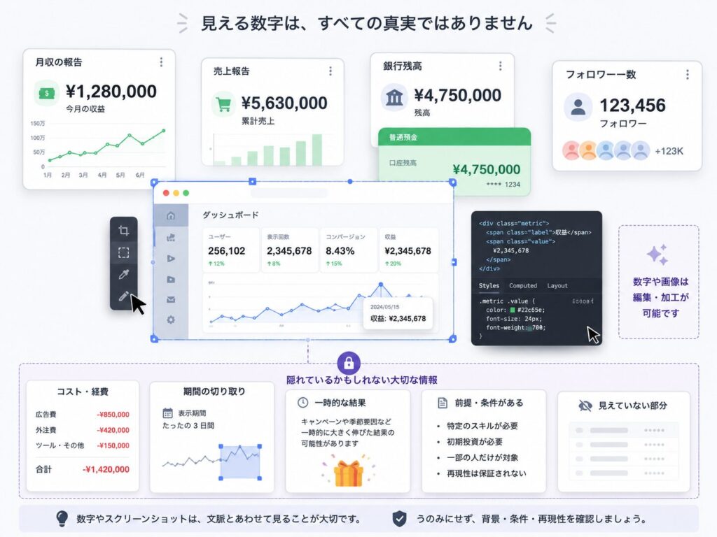 SNSに表示される月収、売上、銀行残高、フォロワー数の裏に、経費や期間、条件などの見えない情報があることを示す図解