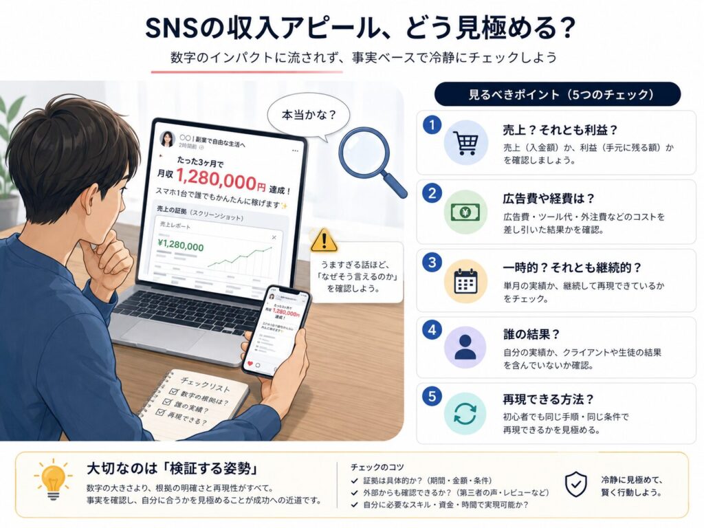 SNSの収入アピールを見て、売上か利益か、経費、継続性、誰の結果か、再現性を確認する男性