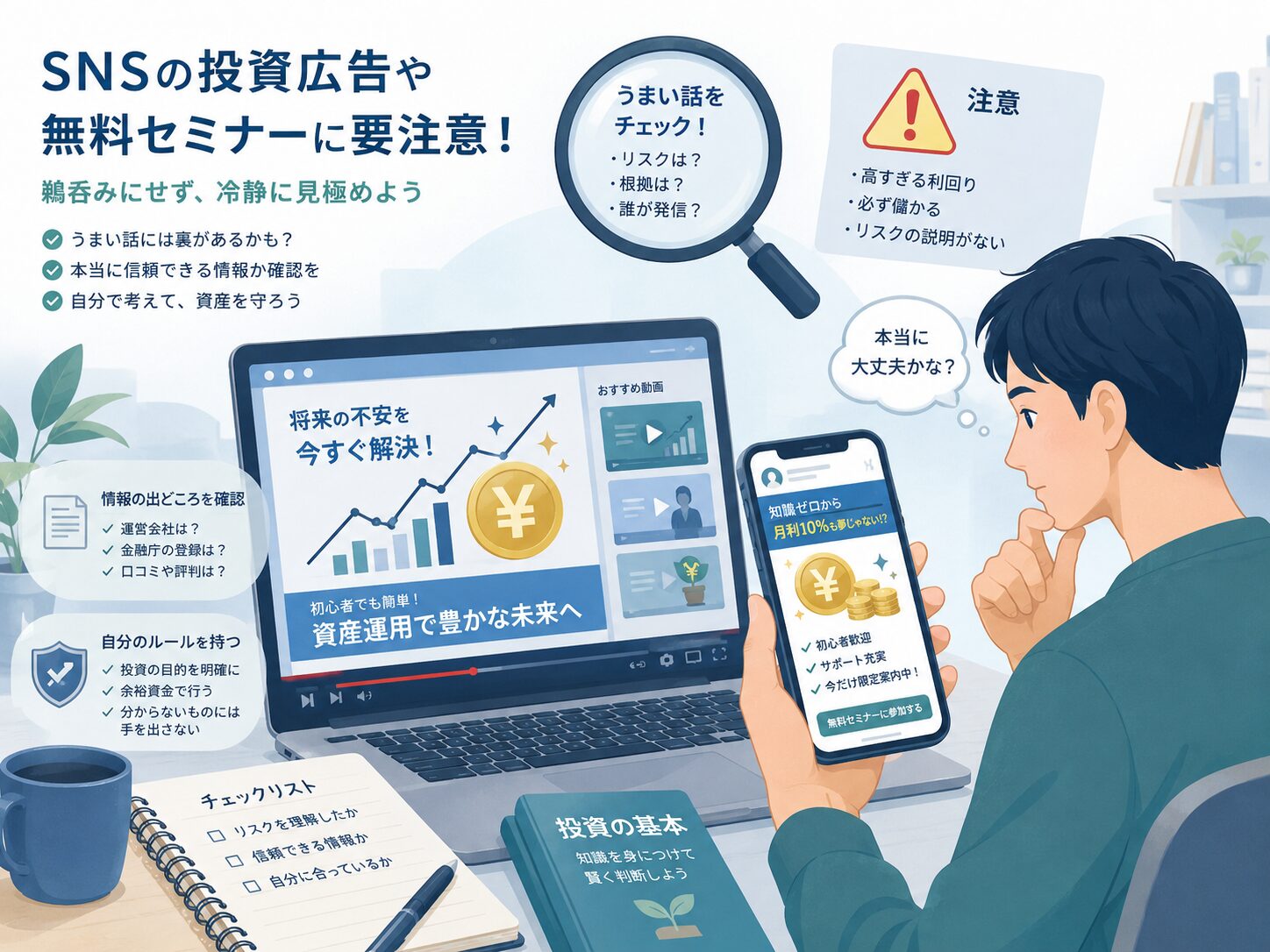 SNSの投資広告や無料セミナーを見て、リスクや根拠を確認しながら慎重に判断する男性