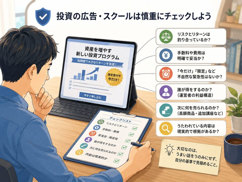 投資広告や投資スクールを見て、リスクとリターン、費用、緊急性、運営者の利益構造、根拠をチェックする男性