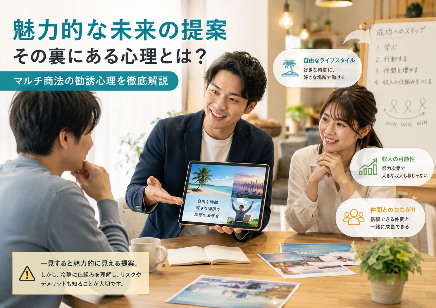 マルチ商法の勧誘で、自由な生活や収入の可能性など魅力的な未来を提示されている場面