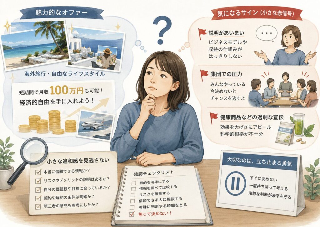 マルチ商法のような勧誘で、魅力的なオファーと小さな違和感を比較しながら確認する女性
