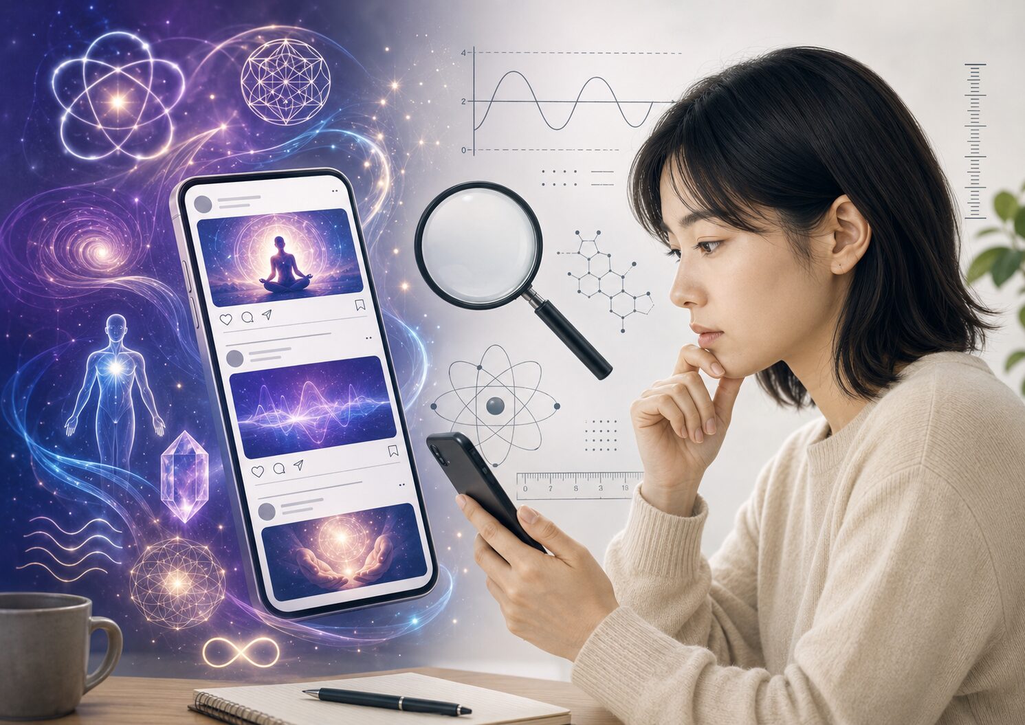 SNSで見かける量子や波動などのスピリチュアル情報を、科学的な視点で慎重に確認する女性
