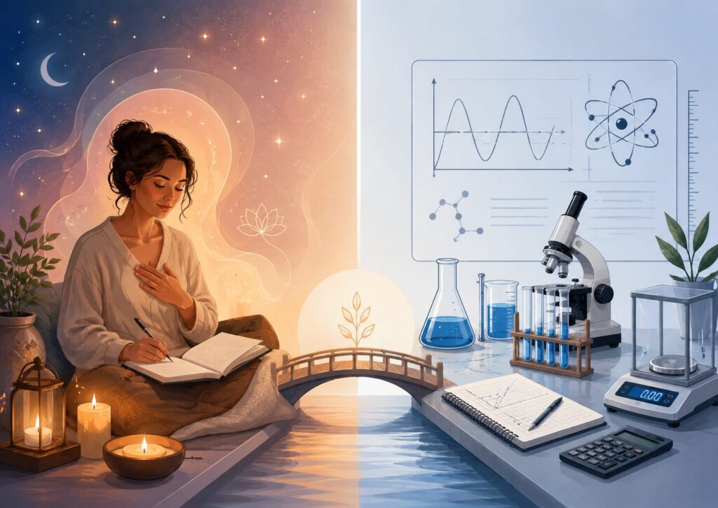 心の支えとしてのスピリチュアルと、測定や再現性を重視する科学的説明を対比したイラスト