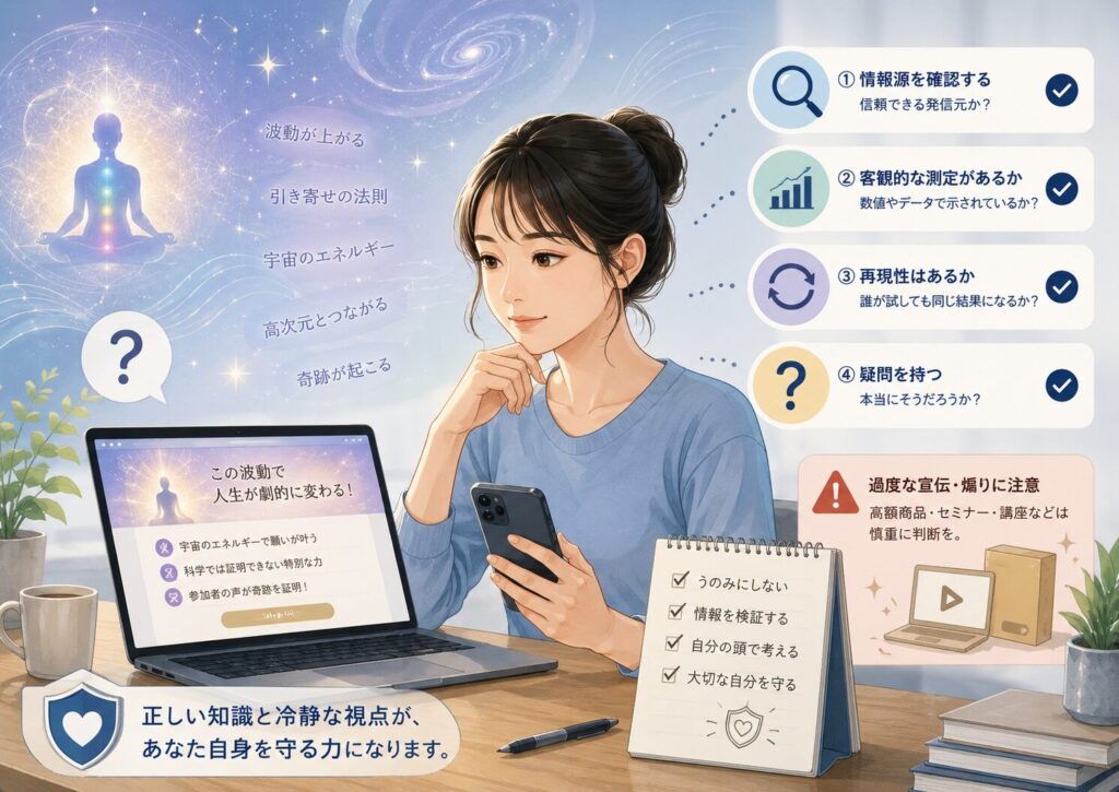 波動や引き寄せなどのスピリチュアル情報について、情報源や測定方法、再現性を確認する女性