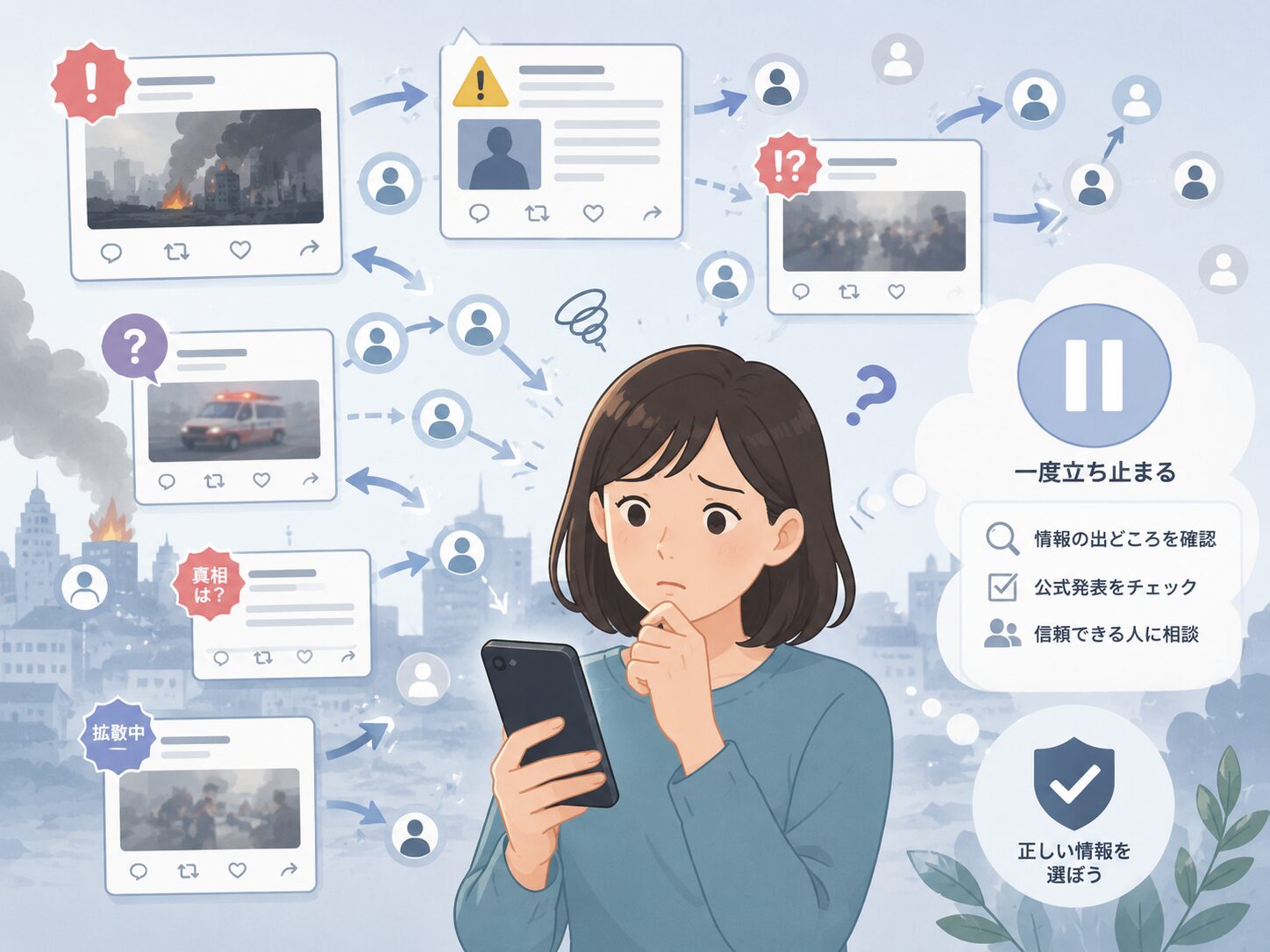 事件直後のSNSで拡散される未確認情報を見ながら、一度立ち止まって確認しようとしている女性
