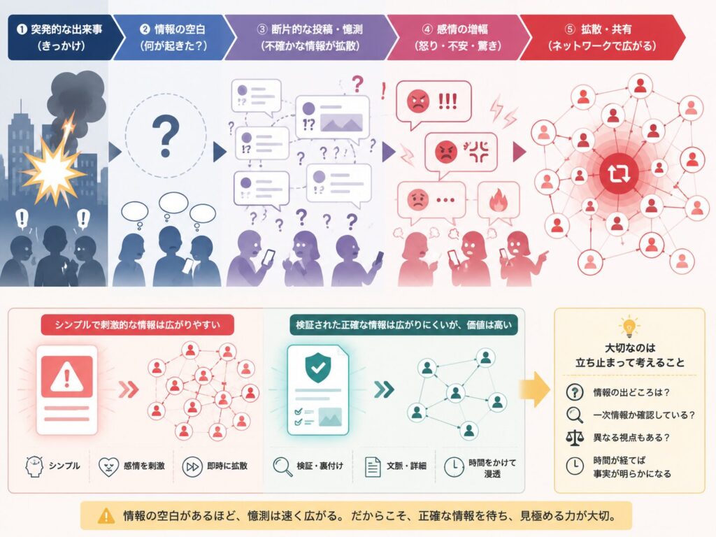 事件直後の情報の空白から、憶測や感情が増幅し、SNS上でデマが拡散される流れを示した図解