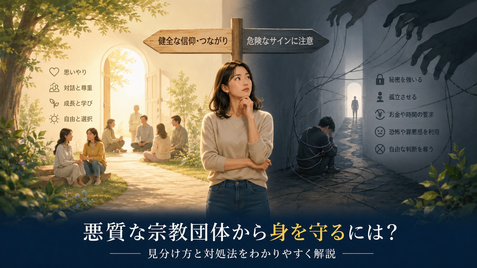 健全なつながりと危険な宗教的支配の違いを考えながら立ち止まる女性を描いたイメージ