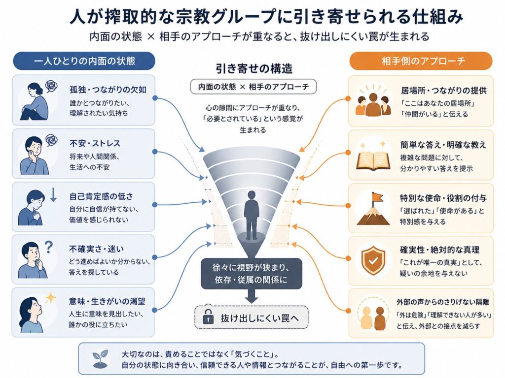 人が搾取的な宗教グループに引き寄せられる仕組みを、自分の内面の状態と相手側のアプローチの掛け算で示した図解