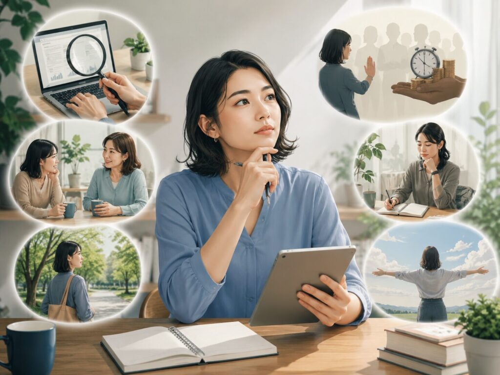 情報を調べたり相談したりしながら、自分で考えて判断しようとしている女性のイメージ