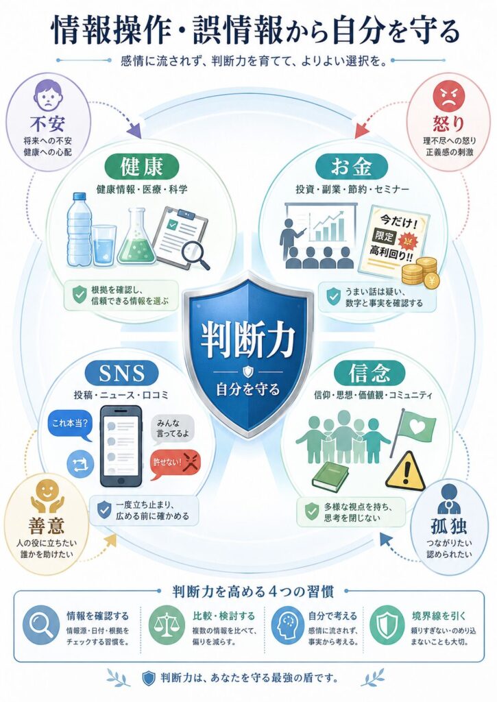 健康、お金、SNS、信念の4分野と、不安、怒り、善意、孤独が判断力に影響する構造をまとめた図解