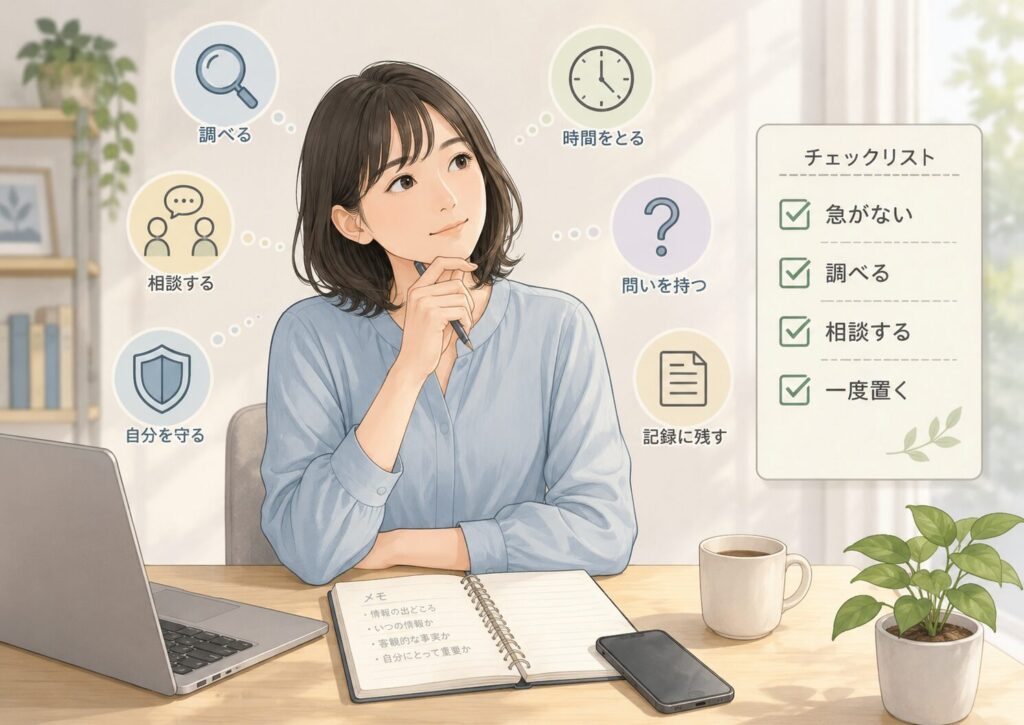 情報に流されず、自分を守るために、調べる、相談する、時間をとる、問いを持つといった行動を整理したイメージ