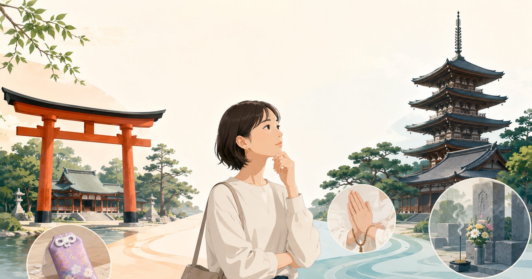 神社の鳥居と五重塔を背景に、日本人女性が宗教観について考えているイメージイラスト