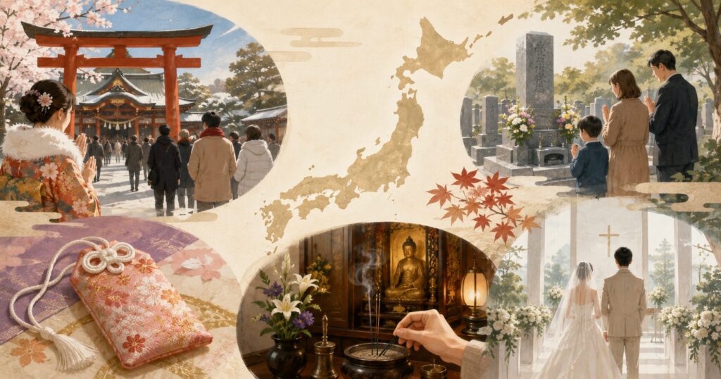 初詣、墓参り、仏壇、お守り、教会式の結婚式など、日本人の宗教的習慣を表したイラスト