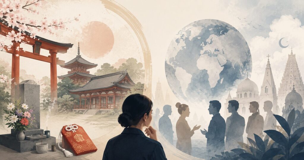 日本の神社や墓参りの文化と、海外の宗教観の違いを比較して考えるイメージイラスト