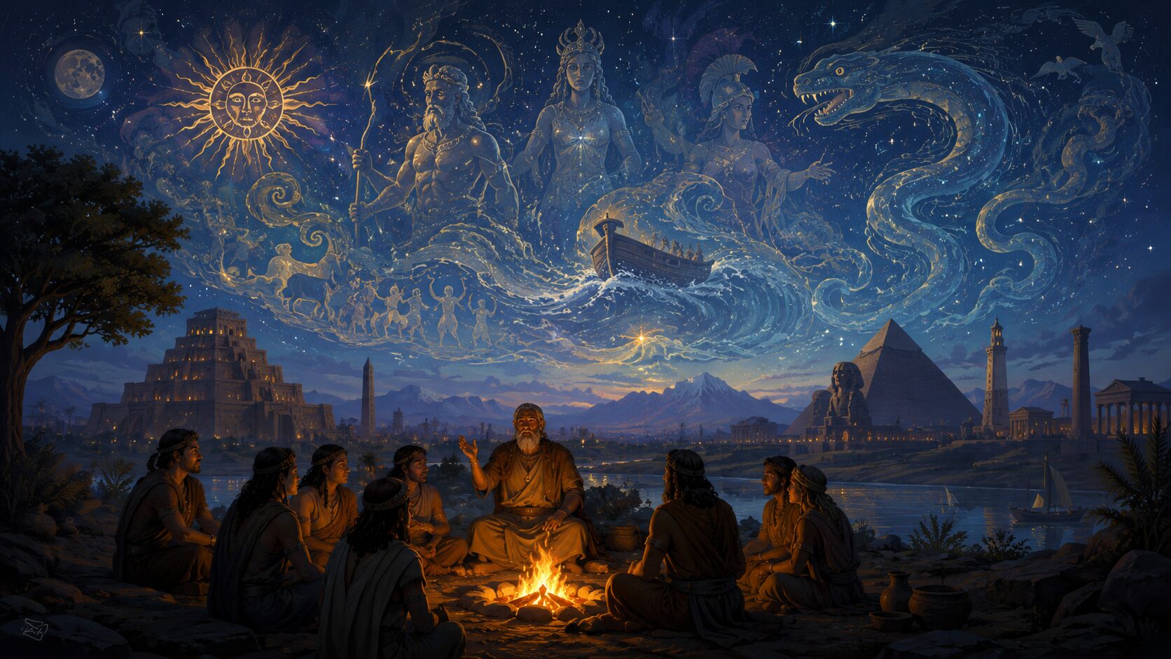 焚き火を囲む人々が星空に浮かぶ神々や洪水、蛇の神話を見上げているイラスト