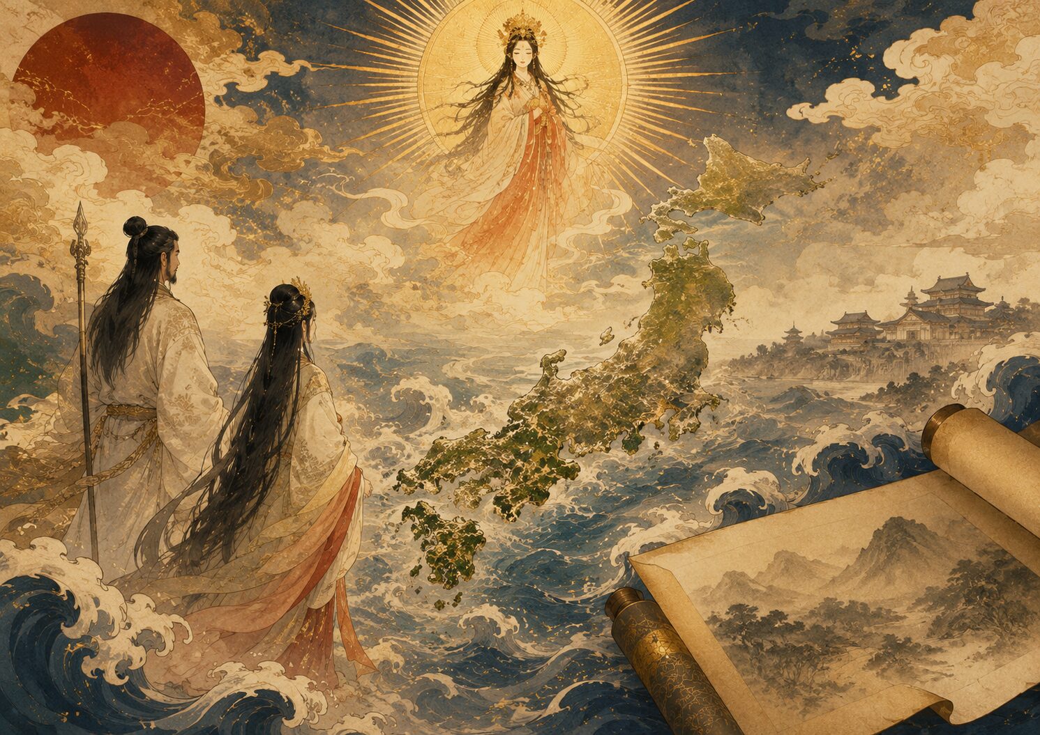 日本列島を囲む海とアマテラスのような女神、巻物が描かれた日本神話のイメージイラスト