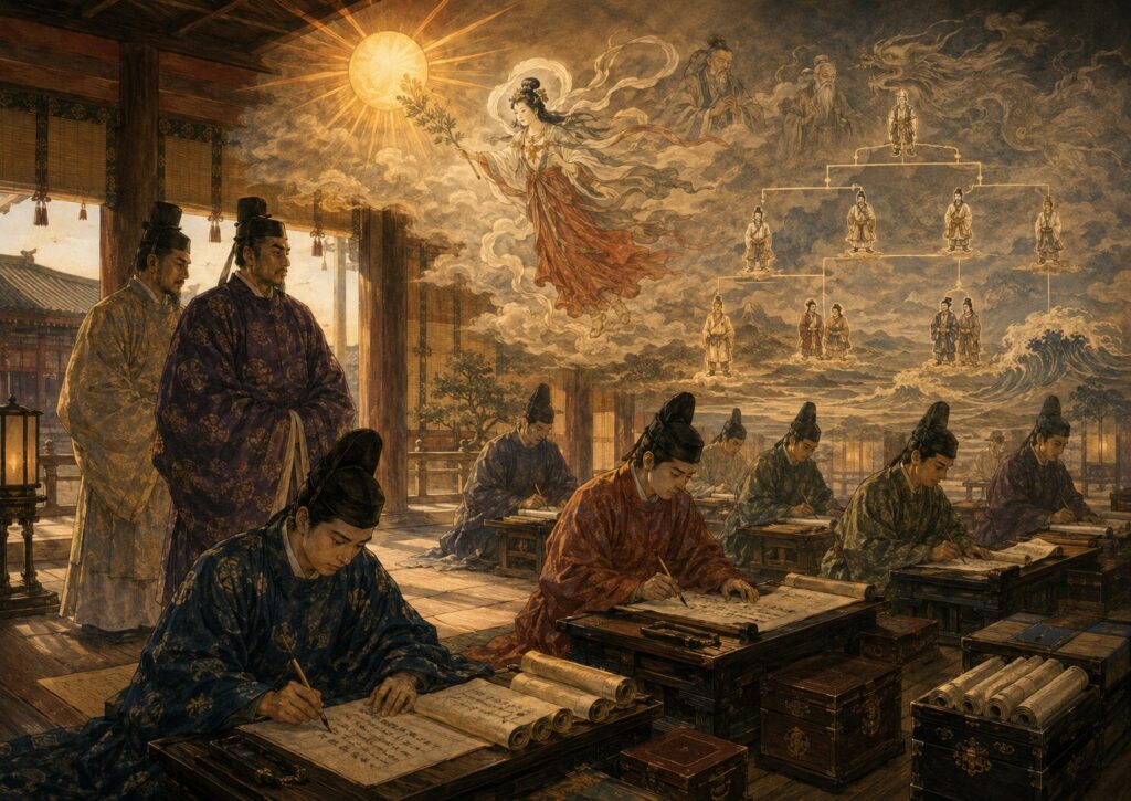 古代日本の宮廷で書記たちが巻物に神話や系譜を書き記しているイメージイラスト