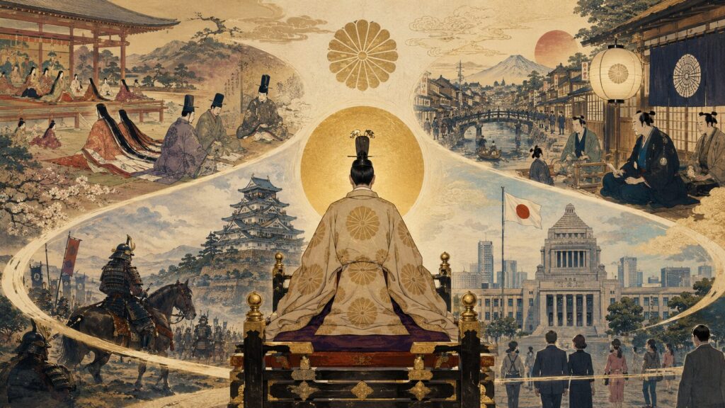 神話時代から武士の時代、近代化、現代へと続く日本の歴史の流れを絵巻風に描いたイラスト