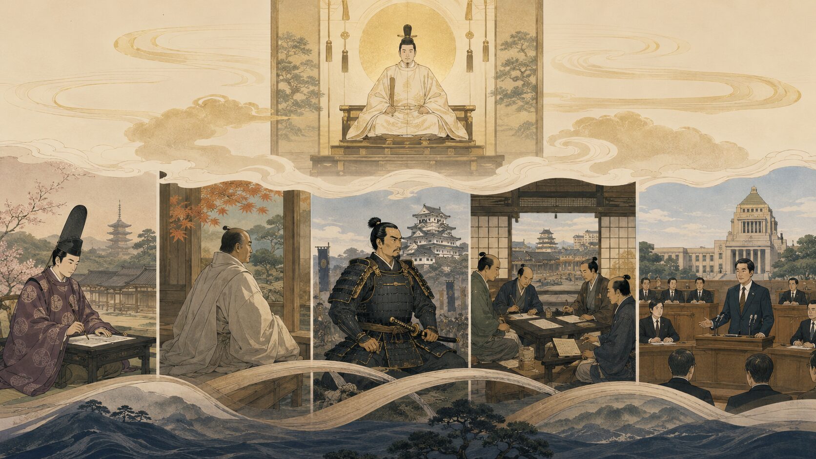 古代から現代までの日本の時代の変化を背景に、中央に天皇を象徴する人物が描かれた歴史イメージイラスト