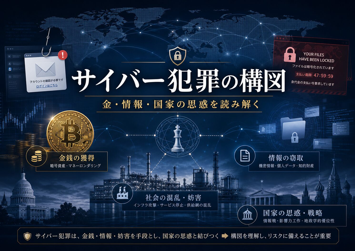 サイバー犯罪の構図を示すアイキャッチ画像。フィッシング、ランサム攻撃、暗号資産窃取、情報窃取、重要インフラへの妨害、国家の思惑や戦略が重なり合う現代のサイバー脅威を表している