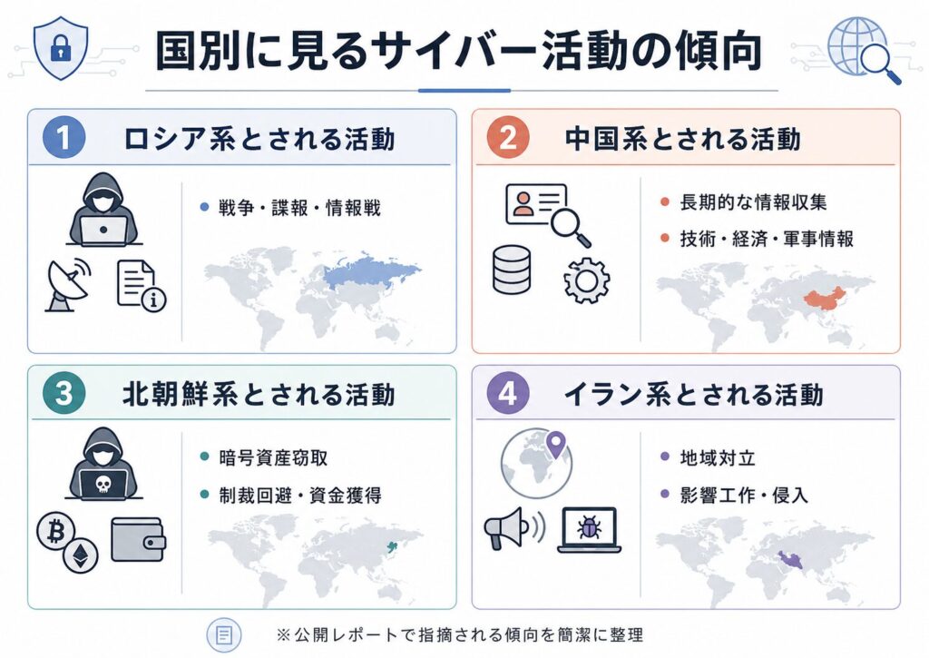 金銭目的と国家目的がサイバー空間でどこで重なるのかを示す図。フィッシング、ランサムウェア、ビジネスメール詐欺、暗号資産窃取などの金銭目的と、スパイ活動、重要インフラへの侵入、情報操作やプロパガンダなどの国家目的が、犯罪インフラの利用や制裁回避の資金獲得、攻撃主体の特定困難性で重なる構図を表している