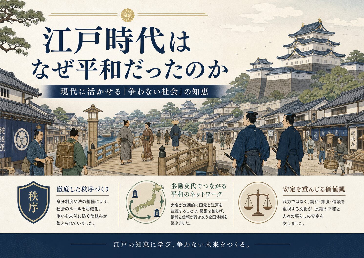 江戸時代はなぜ平和だったのかを示すアイキャッチ画像。江戸の町並みと城を背景に、秩序づくり、参勤交代、安定を重んじる価値観など、長い平和を支えた仕組みを表している