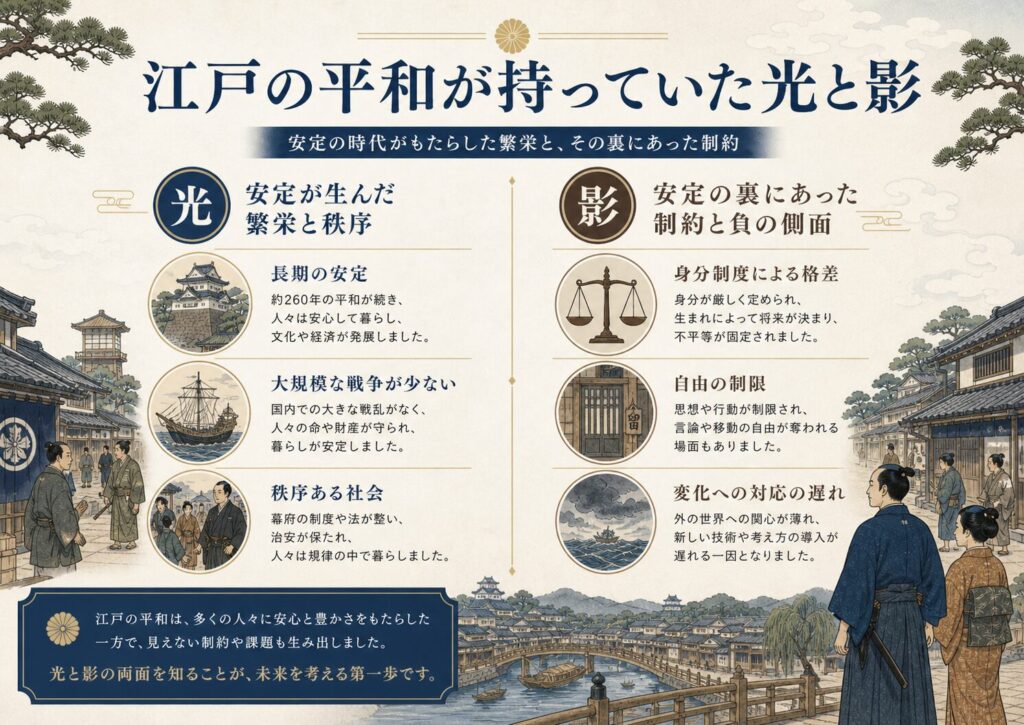江戸時代はなぜ平和だったのかを示すアイキャッチ画像。江戸の町並みと城を背景に、秩序づくり、参勤交代、安定を重んじる価値観など、長い平和を支えた仕組みを表している