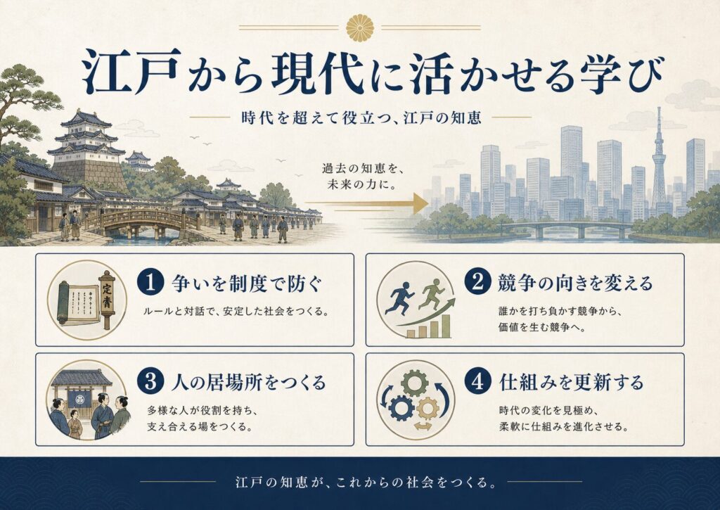 江戸から現代に活かせる学びを示す図。争いを制度で防ぐ、競争の向きを変える、人の居場所をつくる、仕組みを更新するという4つの知恵を、江戸の町並みから現代都市へつなげて表している