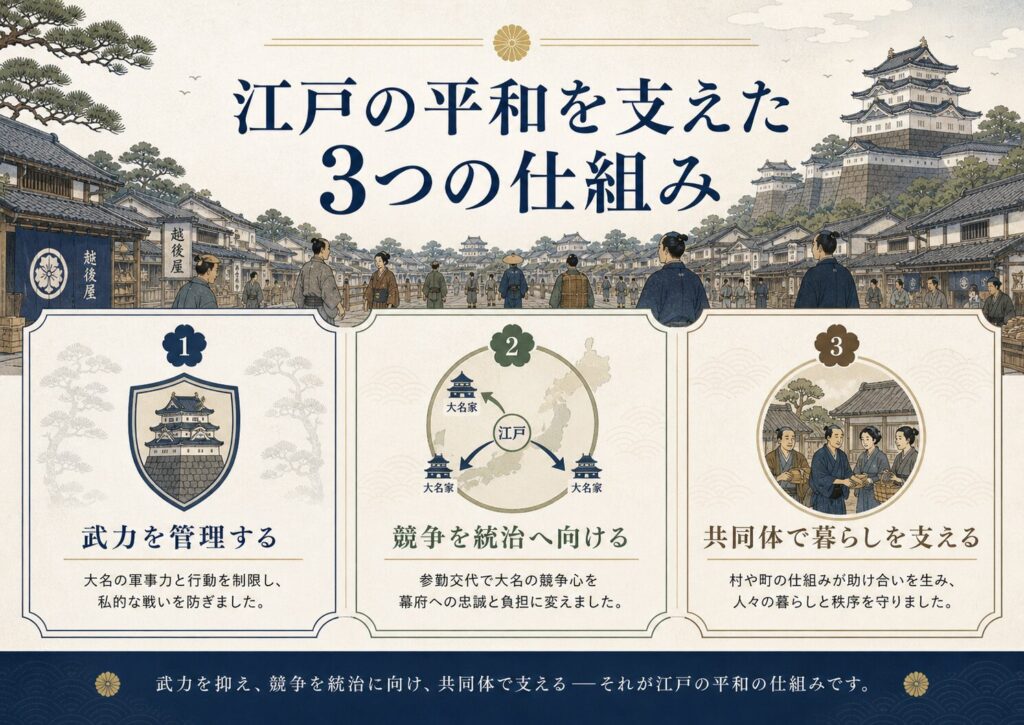 江戸の平和を支えた3つの仕組みを示す図。武力を管理する、競争を統治へ向ける、共同体で暮らしを支えるという観点から、江戸時代の長い安定を支えた構造を整理している