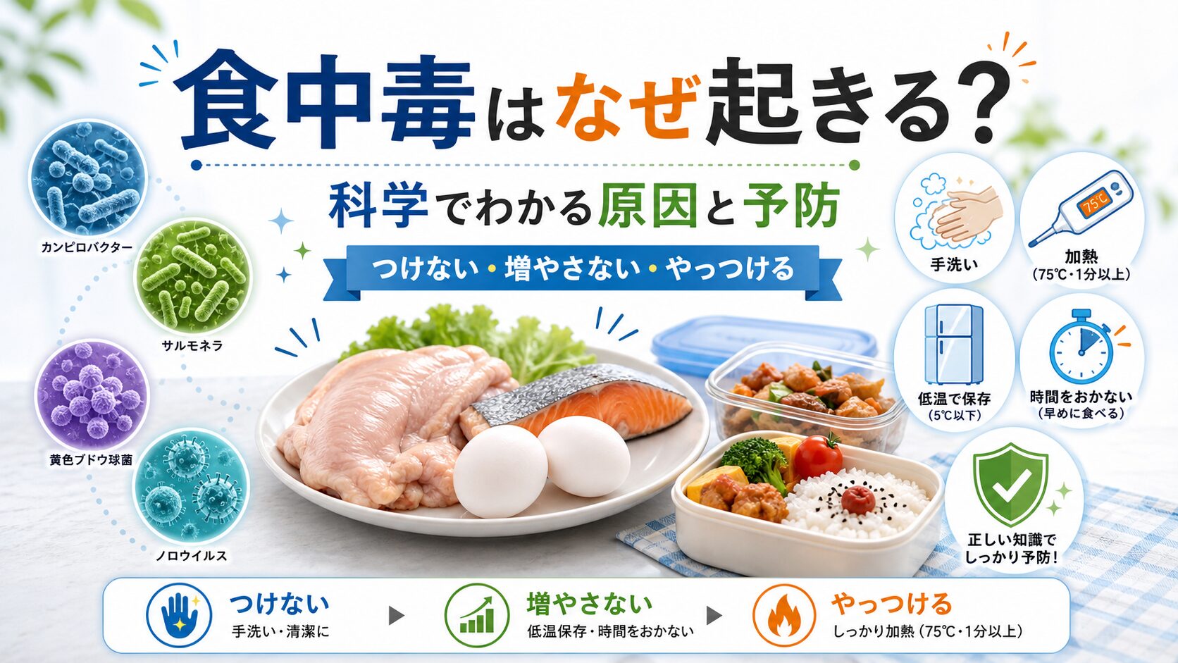 食中毒はなぜ起きるのかを科学的に示すアイキャッチ画像。カンピロバクター、サルモネラ、黄色ブドウ球菌、ノロウイルス、肉、魚、卵、弁当、手洗い、加熱、冷蔵保存を通じて、食中毒の原因と予防策を整理している
