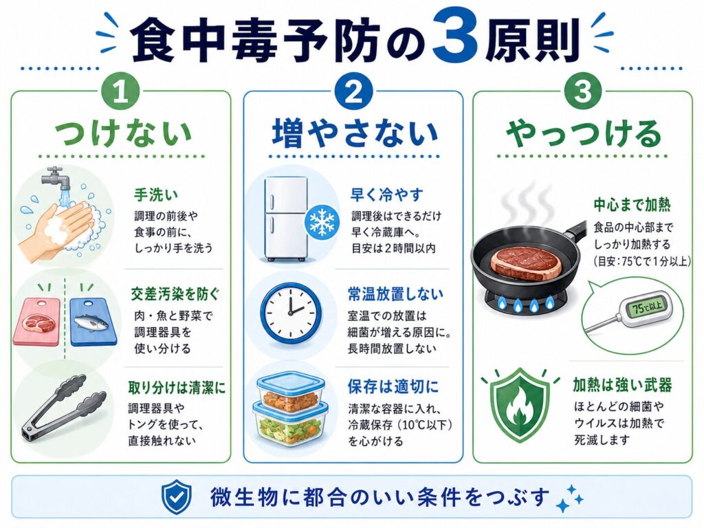 食中毒予防の3原則を示す図。つけない、増やさない、やっつけるという基本対策を、手洗い、交差汚染の防止、冷蔵保存、常温放置を避ける、中心まで加熱するという具体例で整理している