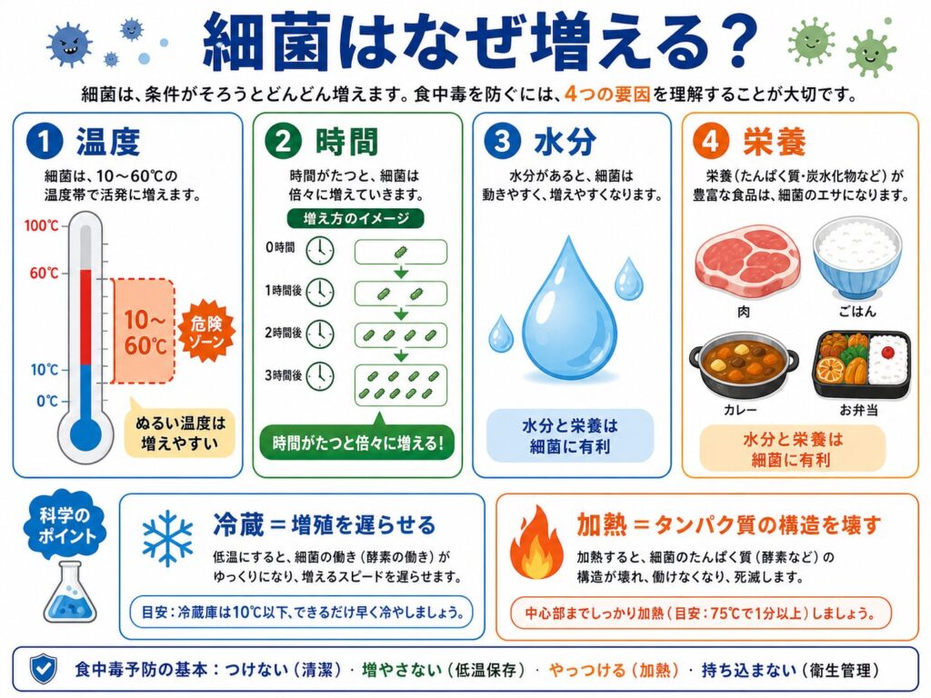 細菌が食品中でなぜ増えるのかを説明する図。温度、時間、水分、栄養という4つの条件を示し、冷蔵は増殖を遅らせ、加熱はタンパク質の構造を壊して細菌を死滅させることを整理している
