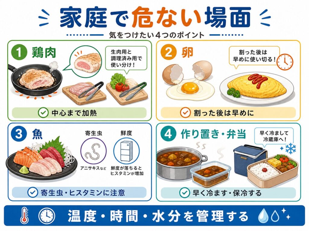 家庭で食中毒に注意したい場面を示す図。鶏肉、卵、魚、作り置き、弁当について、中心まで加熱する、割った卵は早めに使う、寄生虫やヒスタミンに注意する、作り置きは早く冷ます、弁当は保冷するなどの対策を整理している