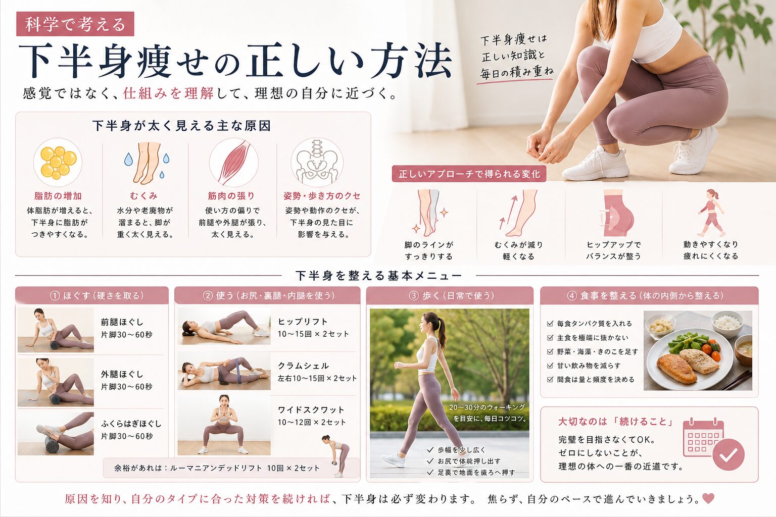 下半身痩せを科学的に考える方法を示すアイキャッチ画像。脂肪、むくみ、筋肉の張り、姿勢や歩き方のクセを原因として整理し、ほぐす、使う、歩く、食事を整えるという実践方法を紹介している