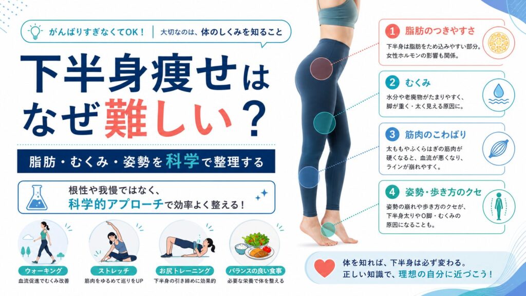 下半身痩せがなぜ難しいのかを科学的に示す図。脂肪のつきやすさ、むくみ、筋肉のこわばり、姿勢や歩き方のクセを整理し、下半身の見た目には複数の原因が関わることを説明している