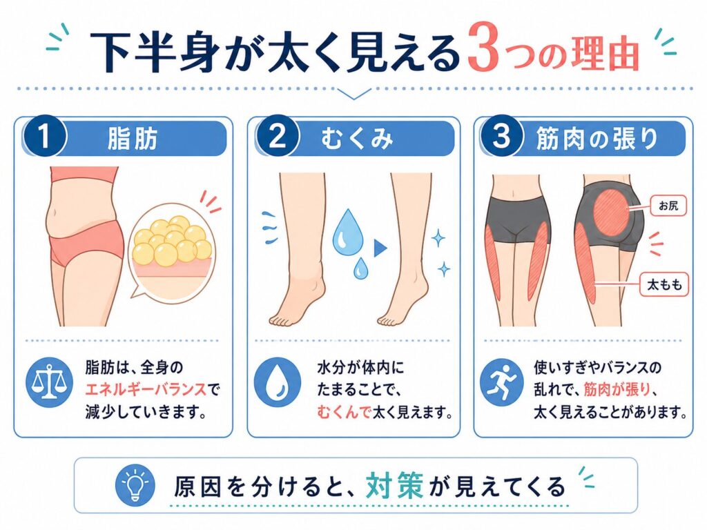 下半身が太く見える3つの理由を示す図。脂肪、むくみ、筋肉の張りを分けて整理し、それぞれ全身のエネルギーバランス、水分の滞り、筋肉の使いすぎやバランスの乱れが関係することを説明している