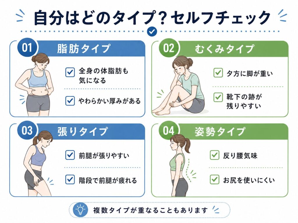 下半身太りのタイプをセルフチェックする図。脂肪タイプ、むくみタイプ、張りタイプ、姿勢タイプの4つに分け、全身の体脂肪、夕方の脚の重さ、前腿の張り、反り腰やお尻の使いにくさなどの目安を整理している