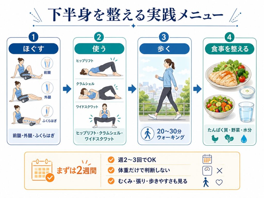 下半身を整える実践メニューを示す図。ほぐす、使う、歩く、食事を整えるという4つの流れで、前腿や外腿のほぐし、ヒップリフト、クラムシェル、ワイドスクワット、20〜30分のウォーキング、タンパク質や野菜と水分を意識した食事を整理している