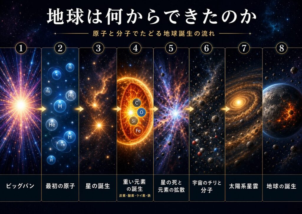エネルギーから素粒子、原子、分子、鉱物、微惑星、地球へ進む時系列図