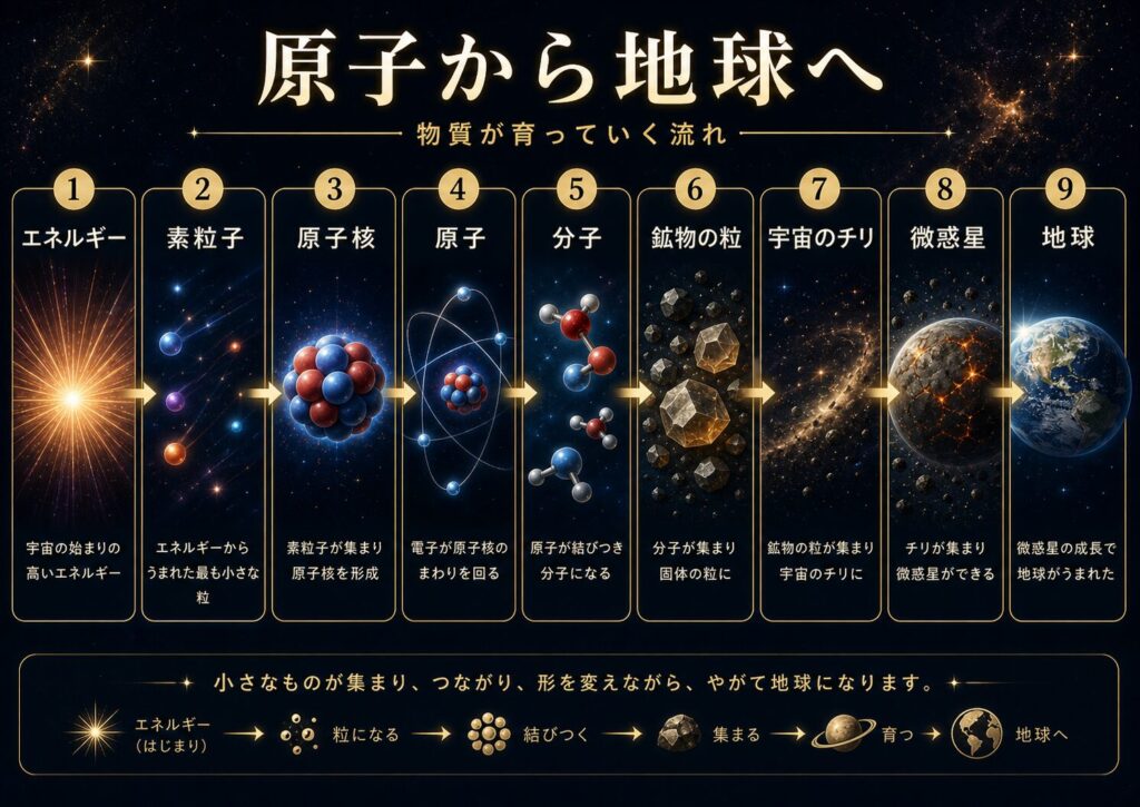 原子が分子、鉱物の粒、宇宙のチリ、微惑星、地球へ成長する流れ