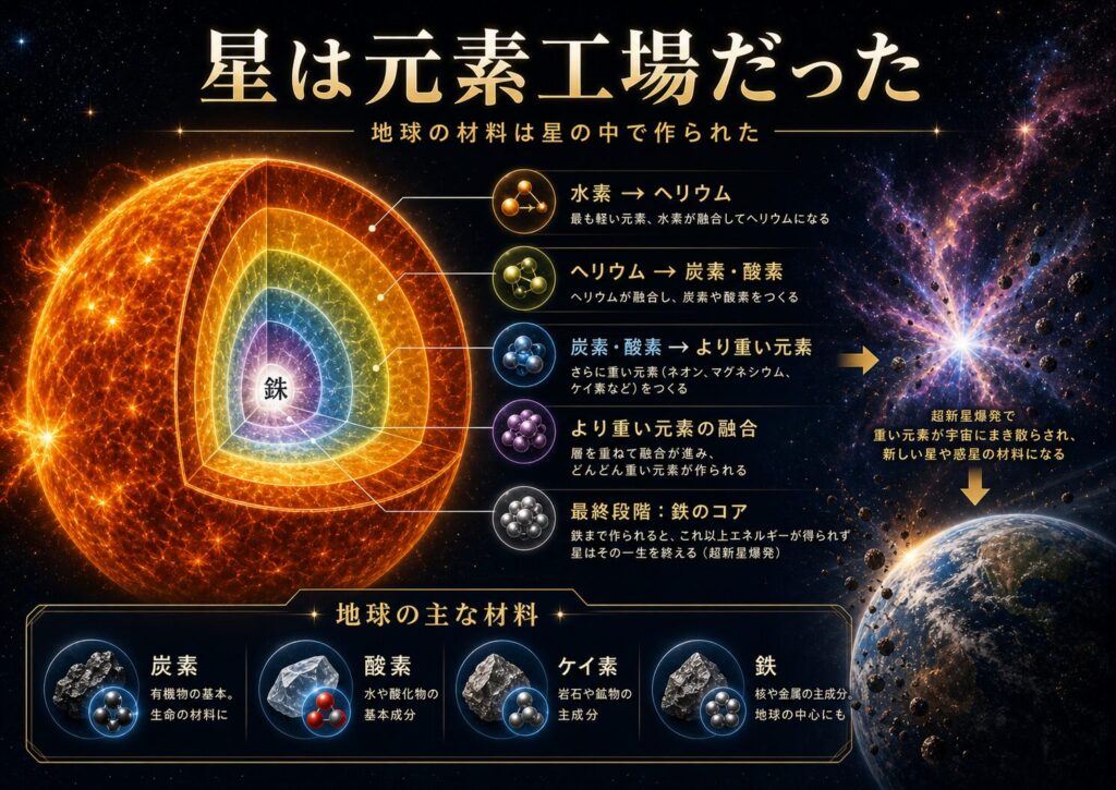星の内部で水素からヘリウム、炭素、酸素、ケイ素、鉄が作られる様子