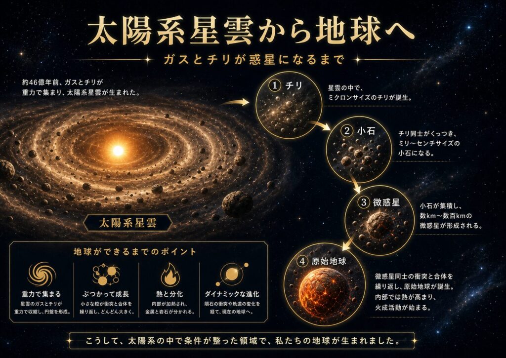 若い太陽の周囲にある円盤の中でチリが集まり惑星が形成される様子