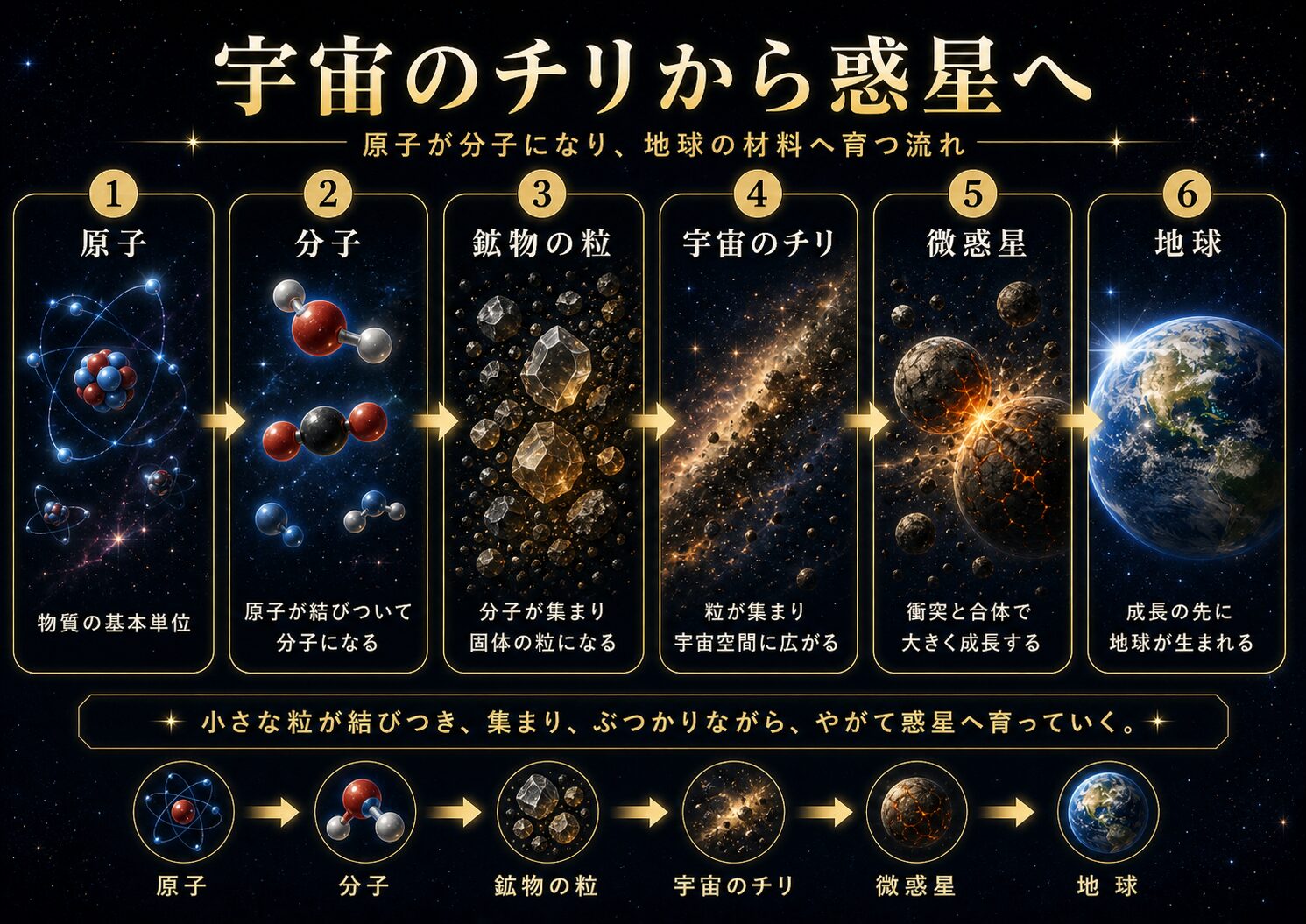 ビッグバンから原子、星、宇宙のチリを経て地球が誕生する流れを示した図解