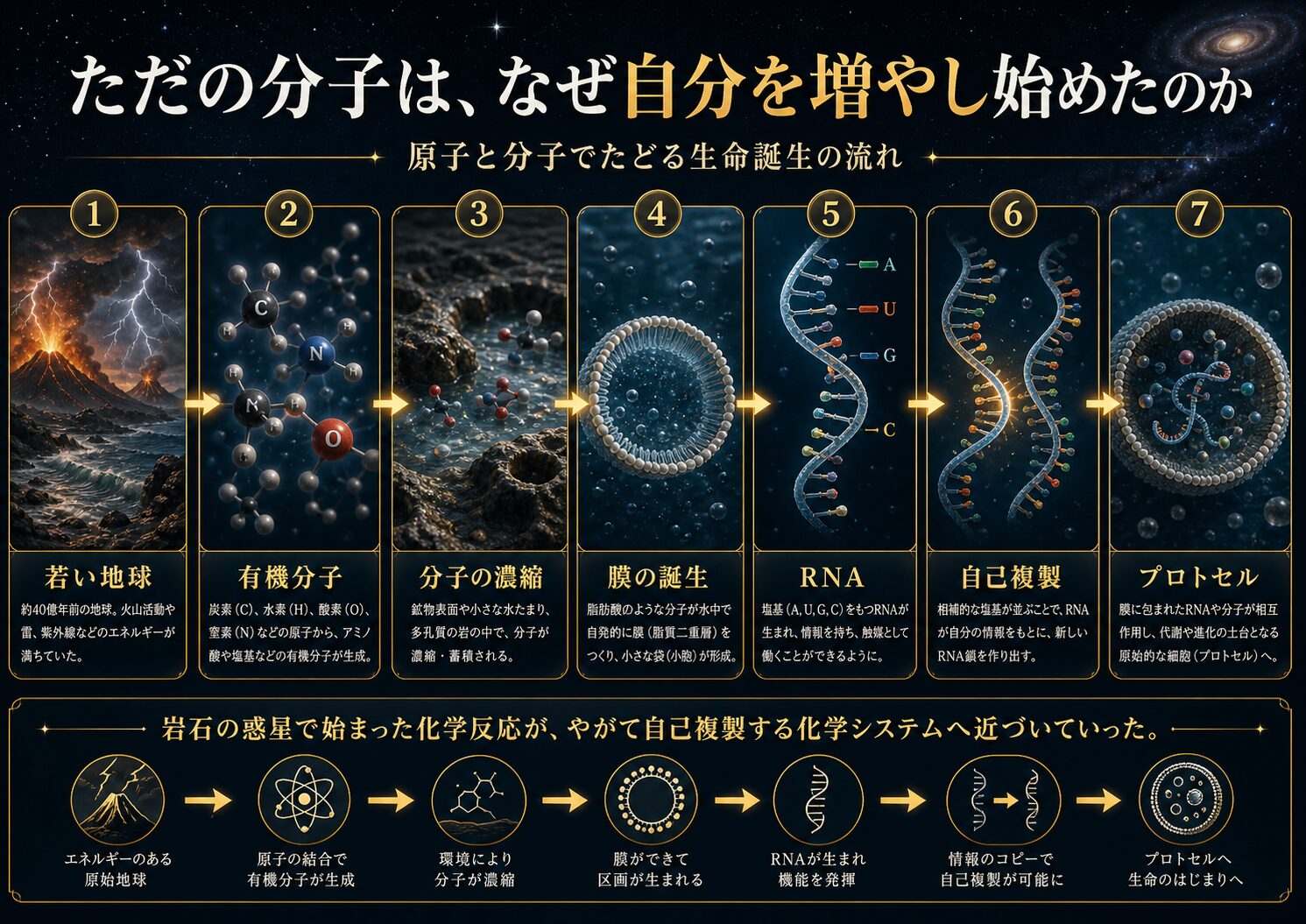 原始地球で有機分子、膜、RNA、自己複製へ進む生命誕生の流れを示した図解