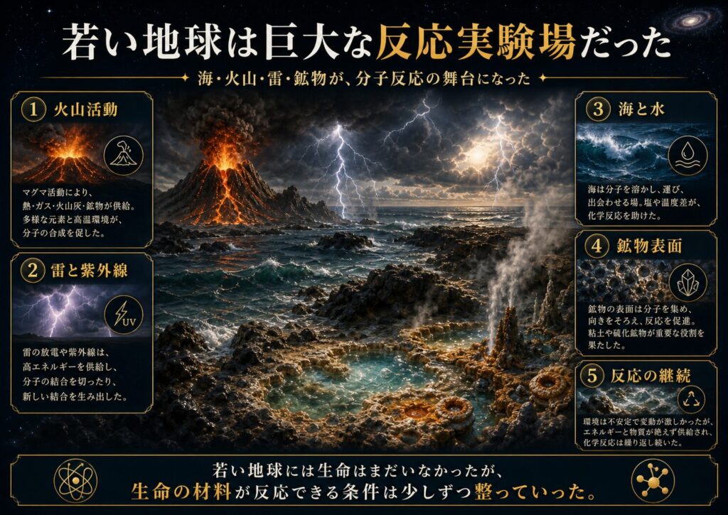 若い地球の海、火山、雷、鉱物表面で分子が反応している様子